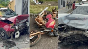 Equipes do Samu e Bombeiros atendem vítimas de acidente em Arapongas envolvendo dois carros e uma moto no cruzamento das avenidas Capitão Castanho e Cigarra Coqueiro.