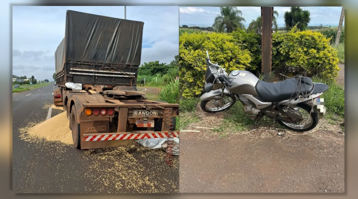 Caminhão tombado às margens da rodovia após acidente na PR-218 entre Arapongas e Sabáudia, com carga de soja espalhada no chão.