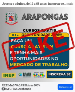 Alerta de Fake News da Prefeitura de Arapongas sobre golpes digitais de cursos gratuitos.