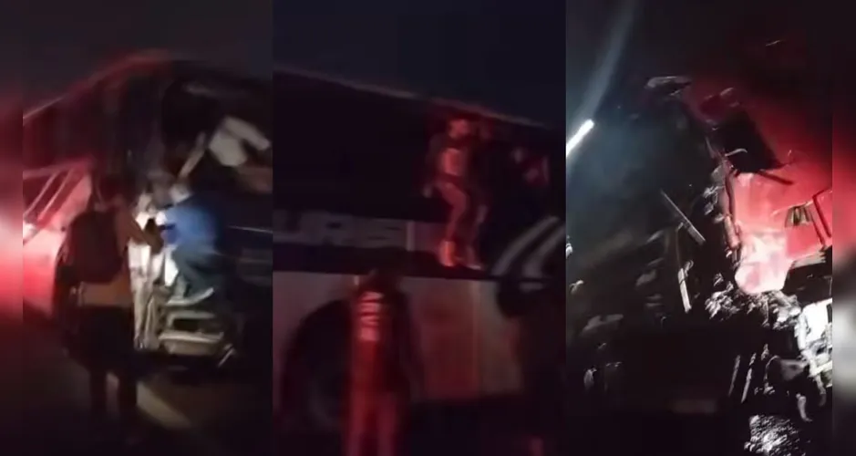 Imagens compartilhadas nas redes sociais mostram passageiros deixando o ônibus pelas janelas após a colisão.