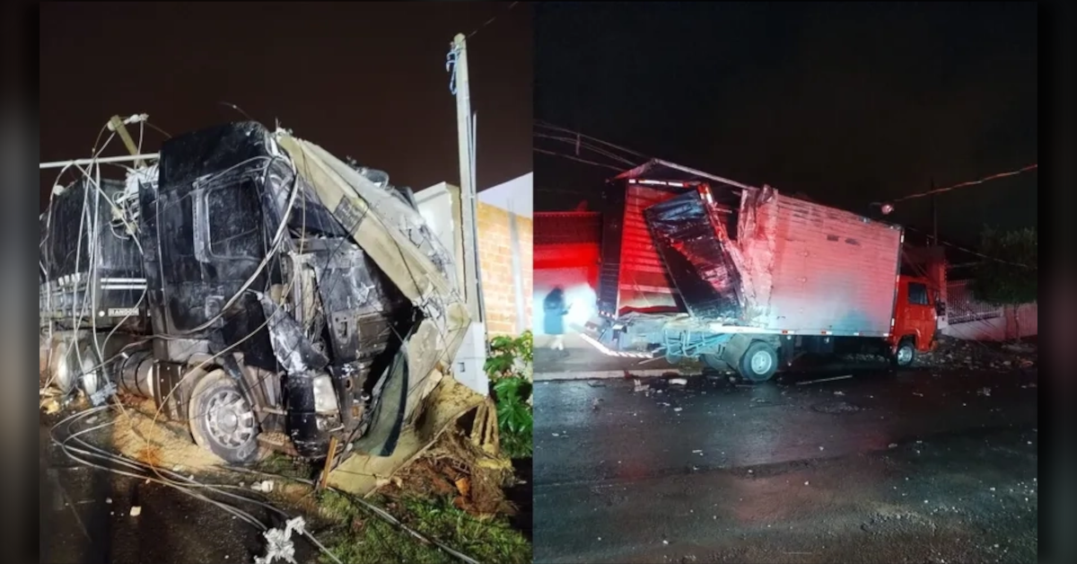 Carreta bitrem colidida contra fiação e imóveis após acidente em Arapongas