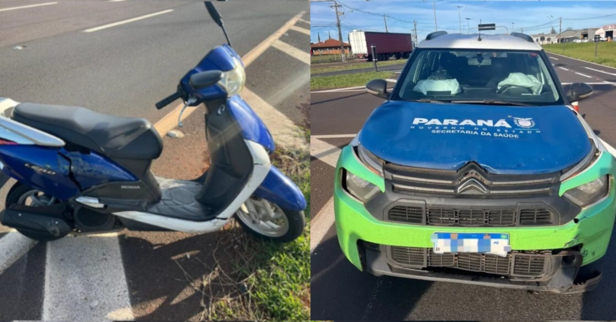 Motoneta Honda Lead azul estacionada no acostamento com danos na lateral após acidente na PR-444 em Arapongas.