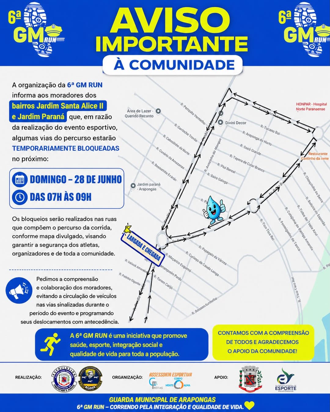 Mapa do bloqueio de ruas em Arapongas para corrida no dia 28 de setembro