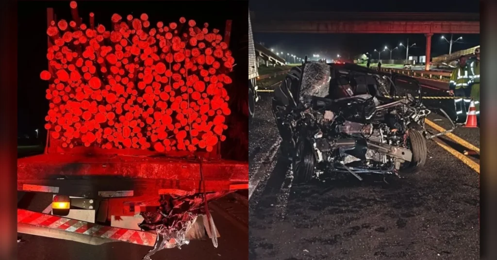Acidente na PR-444 em Arapongas envolvendo carro e dois caminhões deixou uma mulher morta e um adolescente ferido.