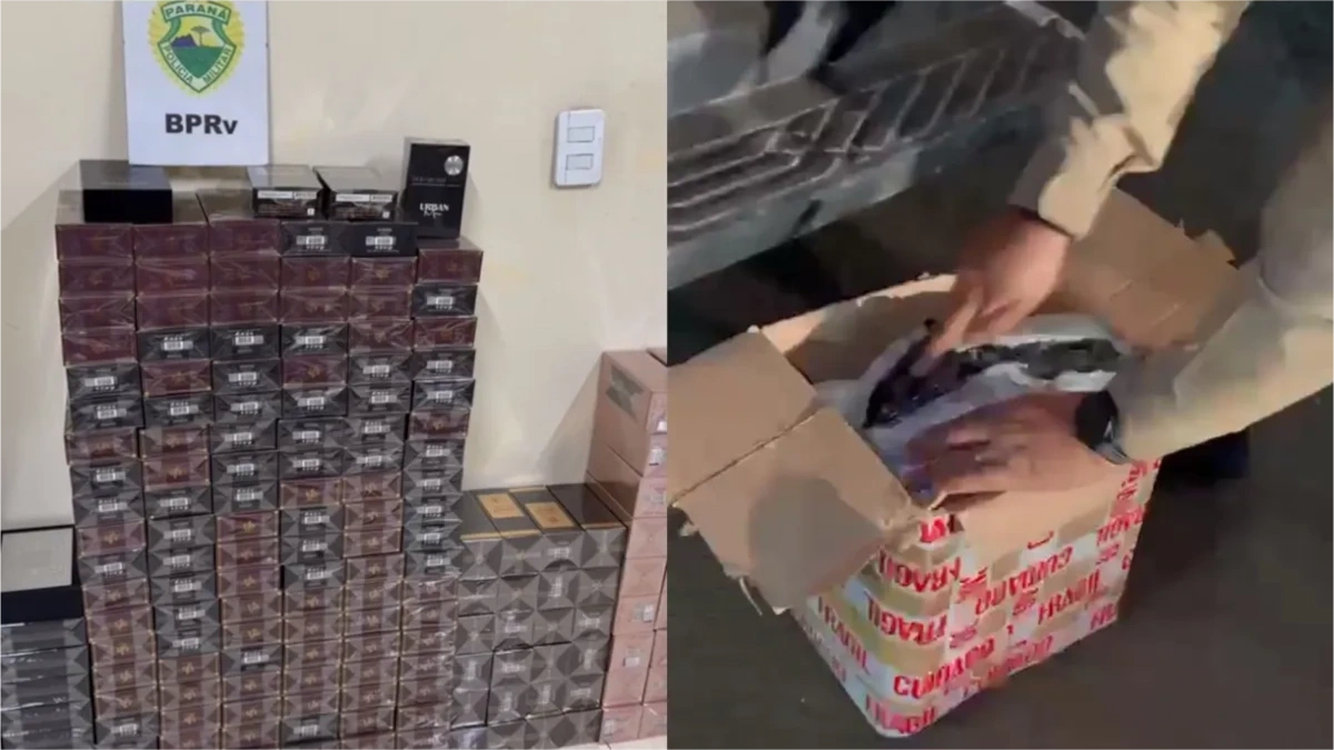 Policiais da PRE abrem pacotes durante apreensão de maconha e carga de perfumes irregulares na região de Arapongas.